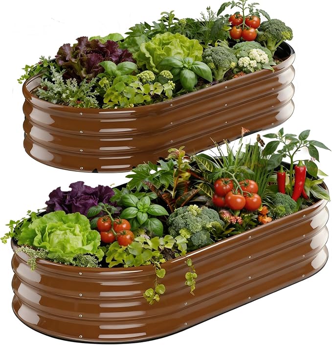 Raised Garden Bed Outdoor 2 Sets Oval Large Coating Metal Planter Box with No Heavy Metal for Vegetables, Flowers, Herbs