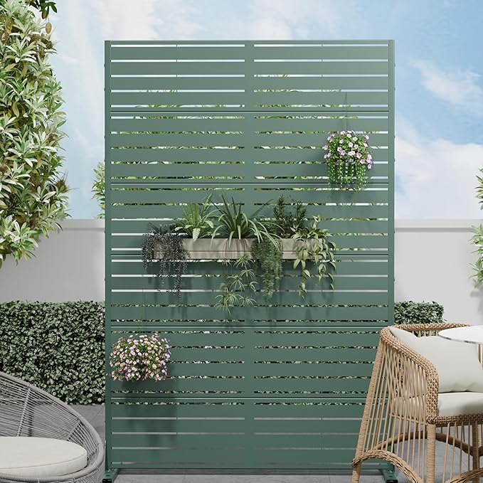 Casaphoria Metal Privacy Screen Outdoor, 72" H x 47" W Freestanding Decorative Privacy Screen for Patio Deck Balcony Garden with Stable Base, Green Louvered