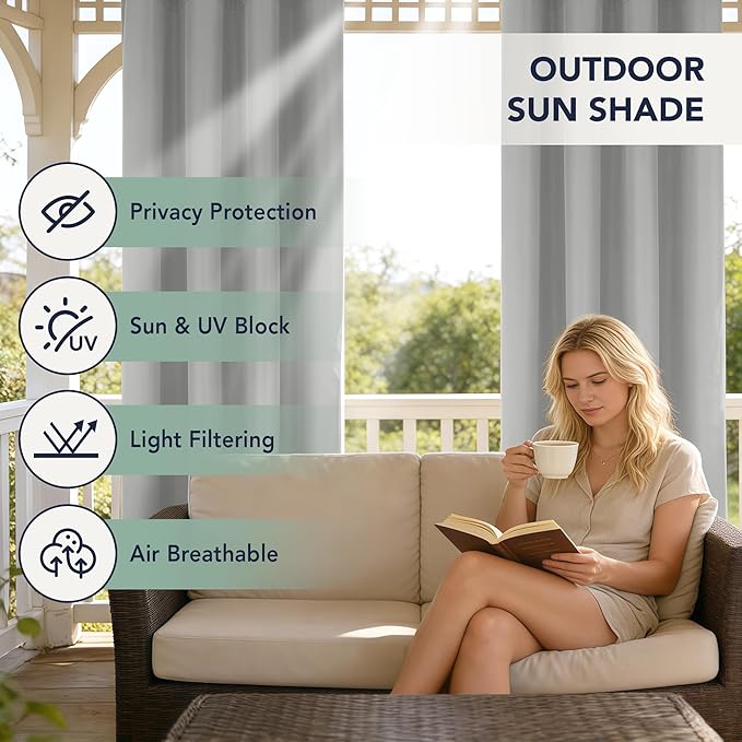 Patio Curtains Outdoor Waterproof - 6 Panels Privacy Weatherproof Outside Curtains with Grommets for Pergola, Gazebo, Porch, Cabana, Balcony, 54 x 95 Inch, Silver
