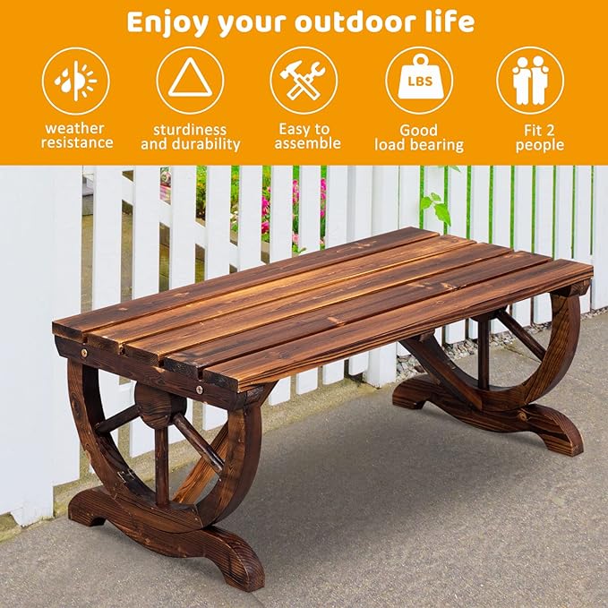 VINGLI Rustic Wooden Wheel Bench Outdoor Bench, Patio Bench Wagon Slatted Seat, Garden Benches for Outdoors 350lbs High Capacity, Weather Resistance (Rustic, 38in)