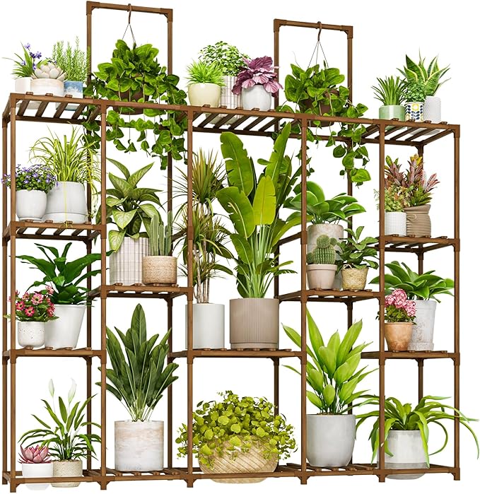 Bamworld Large Plant Shelf Plant Stand Indoor 62.2" Tall Outdoor Plant Holder Wood for Multiple Plants Hanging Plant Rack for Living Room Garden Balcony