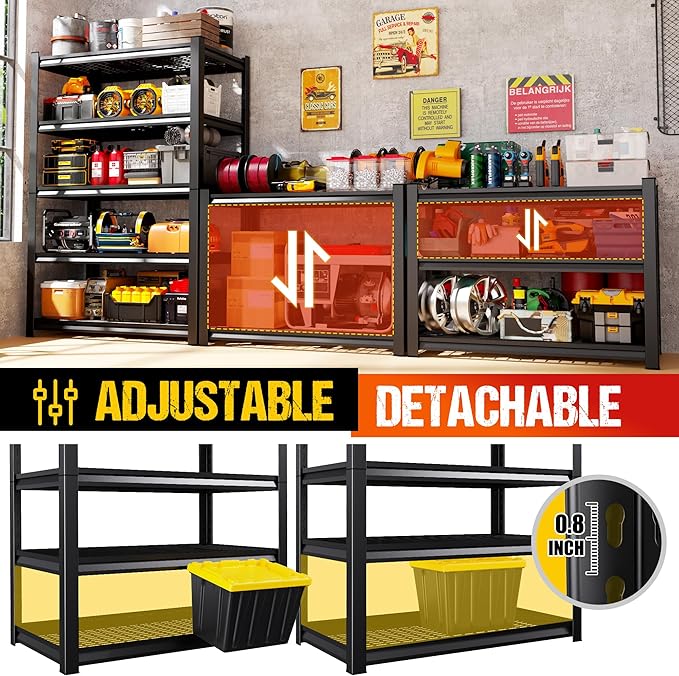 72" H Garage Shelving Heavy Duty Storage Shelves, Adjustable Metal Shelving Unit, Utility Garage Organizer Shelf for Basement, Pantry, Kitchen, Warehouse, Supermarket, 59" W x 19.7" D x 72" H