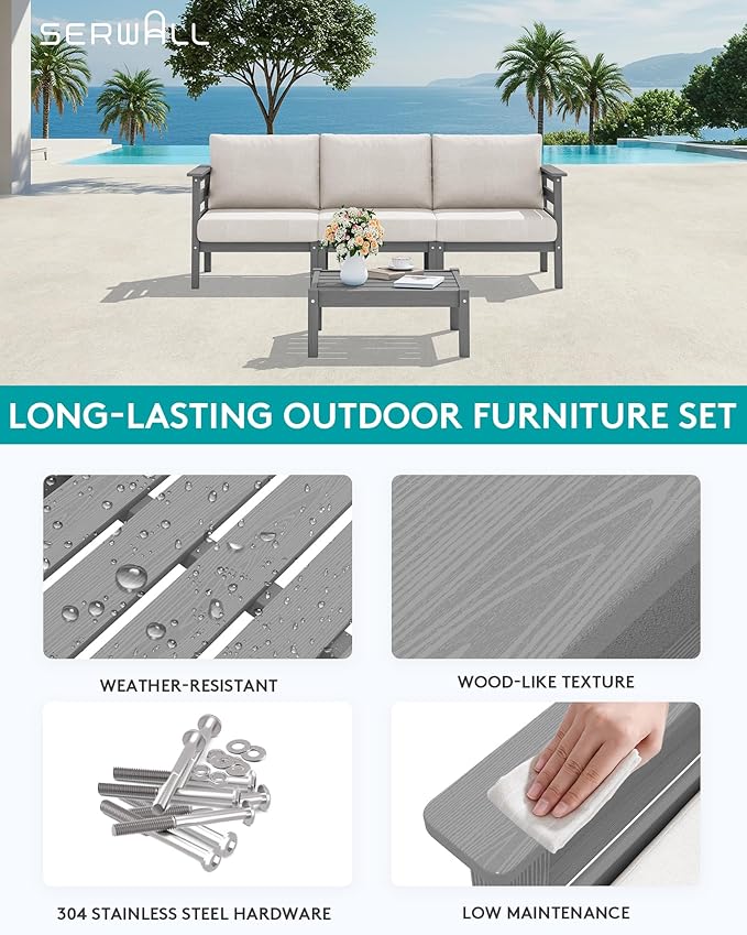 SERWALL HDPE Patio Furniture Set, 4 Pieces Outdoor Sectional Sofa Set, All-Weather Wood-Like Outdoor Sofa Couch with Coffee Table for Deck, Lawn, Grey Frame with Khaki Cushion