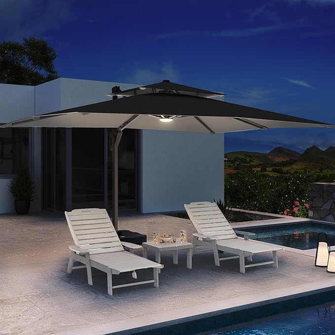 10 X 13 FT Cantilever Patio Umbrella with Led Lights and Base Included Outdoor Heavy Duty Double Top Rectangle Offset Umbrellas with 360-degree Rotation for Pool Deck Backyard, Black
