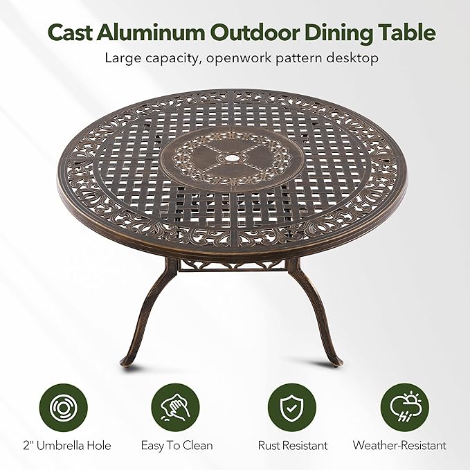 Outdoor Patio Dining Table - All-Weather Cast Aluminum 54.5" x 28.5“ Round Patio Table with 2" Umbrella Hole for Balcony Lawn Garden Backyard