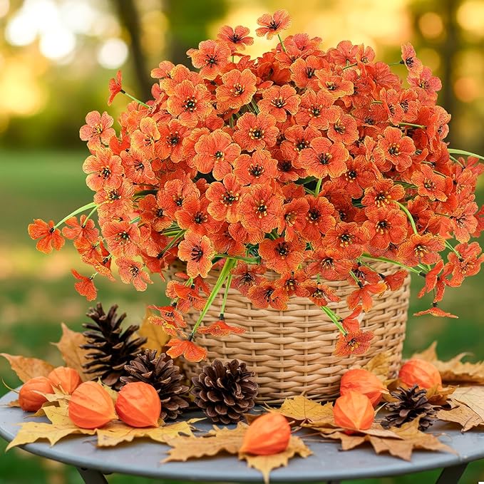 MACTING Artificial Fall Flowers for Outdoors 12 Bundles Faux Mums Plants Fake Silk Outdoor Flowers UV Resistant No Fade for Planters Front Door Porch Patio Outside Thanksgiving Autumn Decor,Orange