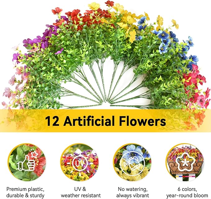 ZeeDix 16 Inch Artificial Flowers Hanging Railing Window Planter Box, 12 Pcs UV Resistant Fake Look Real Flowers with Heart-Shaped Deck Railing Planter Boxes for Porch Patio Balcony Garden Home Decor