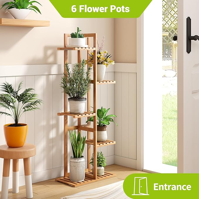 BMOSU Bamboo Plant Stand for Indoor Outdoor Plants Corner Tall Plant Shelf 6 Potted Holder Shelf Plant Rack Holder Display Rack(Natural)