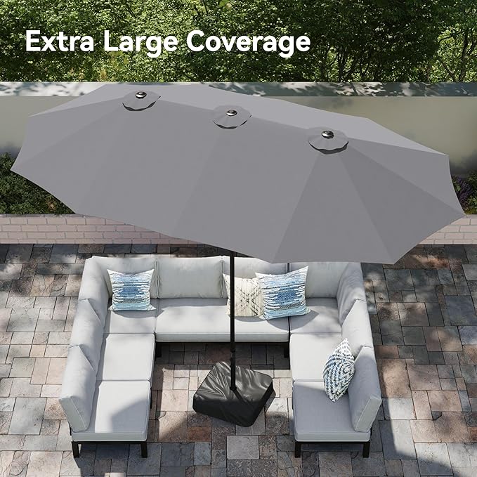 PHI VILLA 15ft Large Patio Umbrellas with Base, Outdoor Double-Sided Rectangle Market Umbrella for Pool Lawn Garden, Light Gray