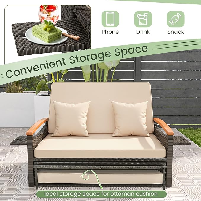 Tangkula Patio Rattan Daybed with 4-Level Adjustable Backrest, Outdoor Wicker Loveseat with Acacia Wood Armrest, Storage Ottoman & Folding Tray, Double Sunbed Lounger for Balcony, Backyard & Poolside