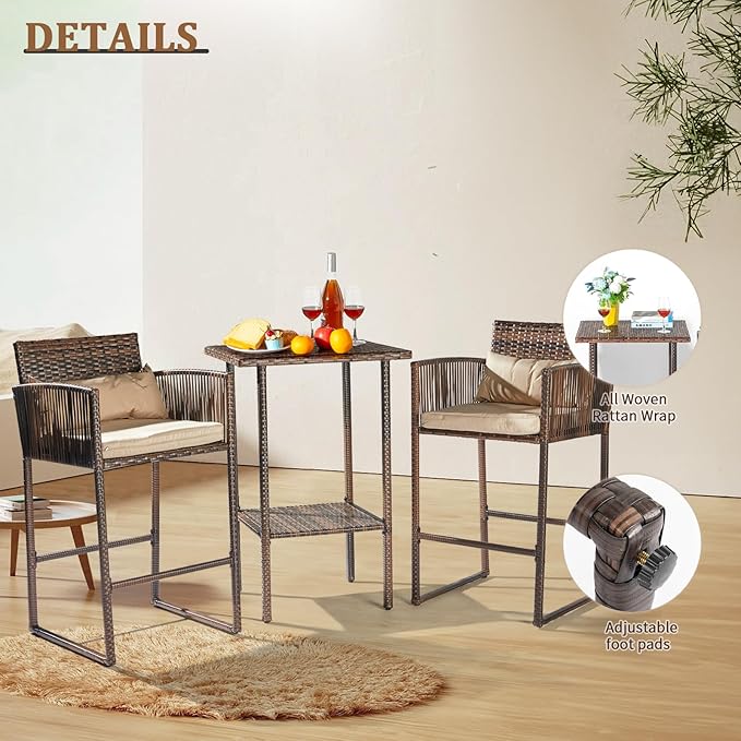 VINGLI 3 PCS Patio Bar Set Wicker, Outdoor Bar Table and Bar Stools with Storage Shelf and Cushions, Bar Height Outdoor Table and Chairs Wicker Furniture