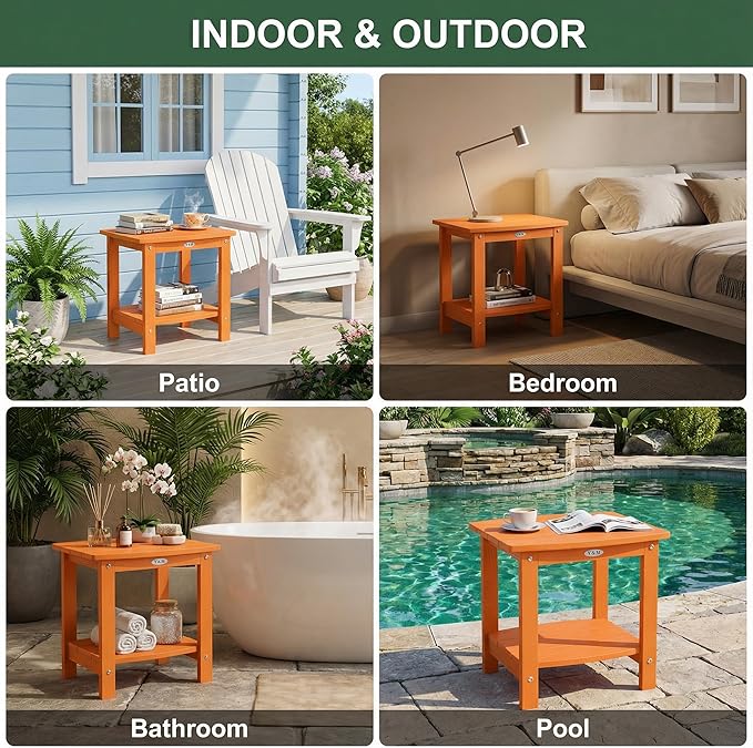 Y&M Outdoor Side Table, HIPS Adirondack Small Double Layer Table, Waterproof Square Outside Table, Balcony End Tables for Patio, Pool, Porch, Deck, Indoor or Outdoor Use, Orange