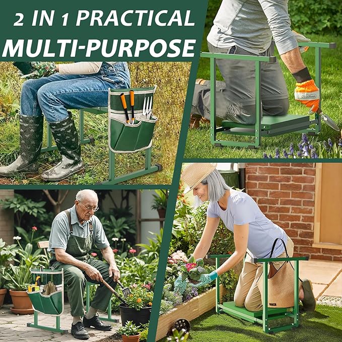 FLINTER Garden Kneelers Seat, Stable and Save Tip-Resistant Design 10.2" Wider Garden Kneeler and Seat with Handle, Heavy Duty Gardening Stool for Seniors, Gardening Weeding Bench for Parents - Green