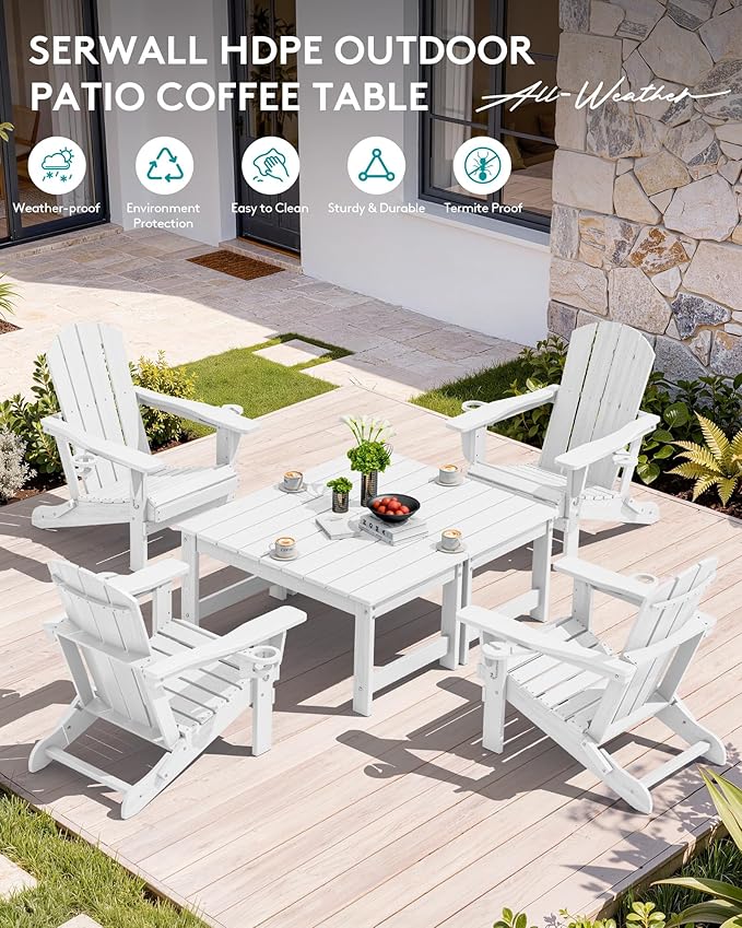 SERWALL Outdoor Coffee Table with 1.69" Umbrella Hole, HDPE Patio Coffee Table for Outside, Rectangle, White