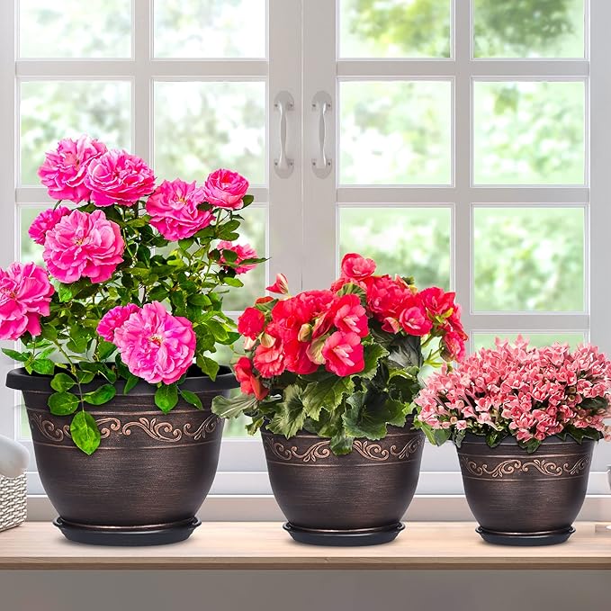 Plastic-Plant-Flower-Planters-8 Inch With Drainage Hole & Saucer, 6 Packs Lightweight Small Resin Flower Pot Indoor Outdoor, Retro Antique Imitation Decorative Garden Containers Sets For Houseplants