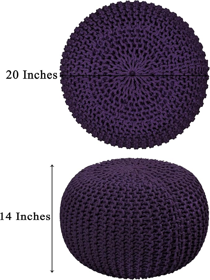 COTTON CRAFT Round Dori Pouf - Cotton Braid Cord Cable Knitted Ottoman - Foot Stool - Footrest - Floor Pouf - Woven Ottoman - Bean Bag - Living Room Dorm - 20 inches Diameter x 14 Height - Deep Plum