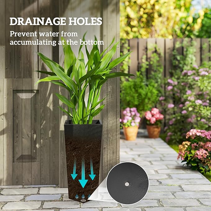 Outsunny Set of 3 Tall Planters, 28.75", 24.5", 20.5", MgO Indoor Outdoor Planters with Drainage Holes, Stackable Flower Pots for Garden, Patio, Balcony, Front Door, Black