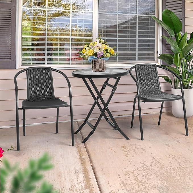 VINGLI PE Rattan Outdoor Dining Chairs Set of 4, Plastic Stackable Patio Chairs for Indoor, Porch, Restaurant, Garden, Black