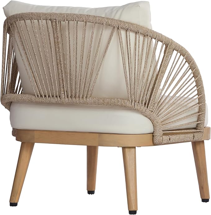 Merax 4-Piece Acacia Wood Patio Conversation Set - Curved Tub Loveseat & Chairs with Woven Rope Accents,Slatted Coffee Table & Weather-Resistant Cushions for Outdoor Deck,Garden or Balcony,Teak+ Beige