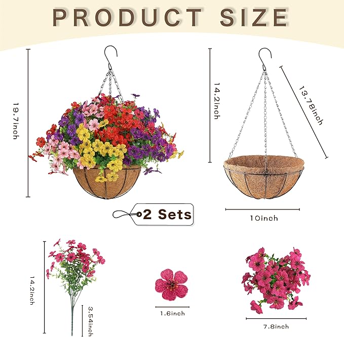 Senjie 2 Set Artificial Hanging Flowers with Basket for Outdoor Decor, UV Resistant 24 Bundles Faux Flowers Fake Hanging Planter for Porch Patio Balcony