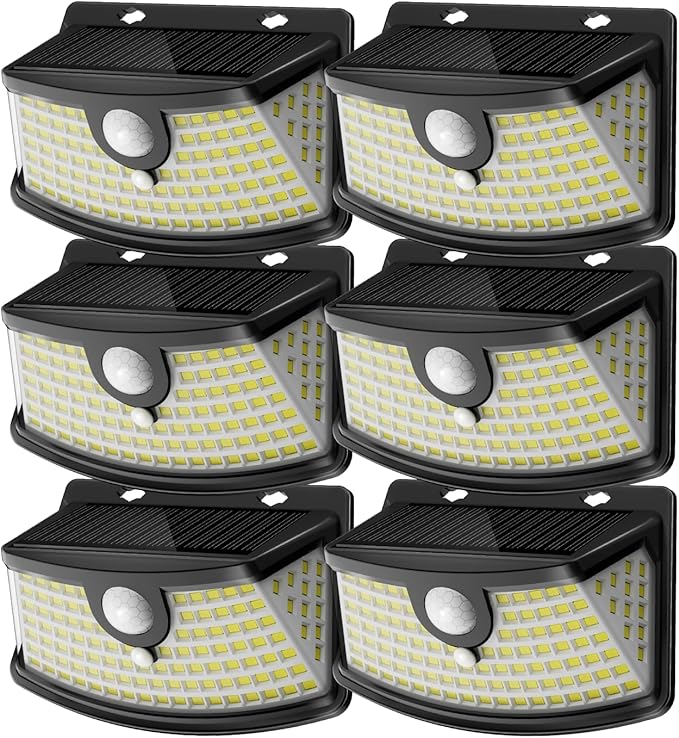 Aootek New Solar Motion Sensor Lights 120 LEDs with Lights Reflector,270° Wide Angle, IP65 Waterproof, Step Lights for Front Door, Yard, Garage, Deck (Black, Daylight White, 6-Pack)