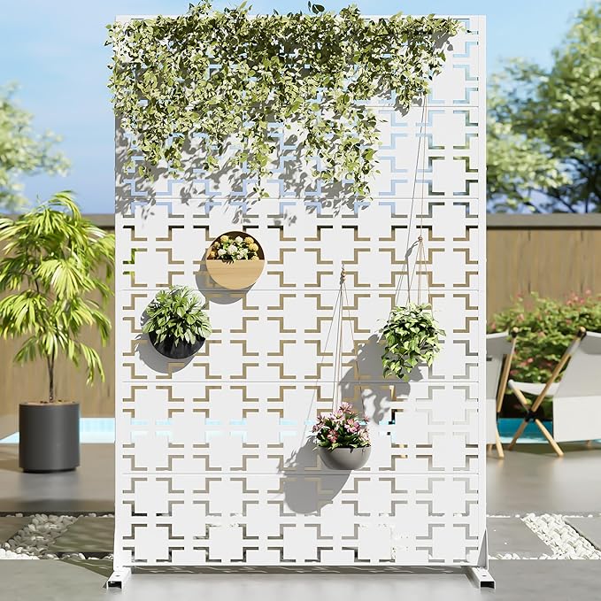 Casaphoria Metal Privacy Screen Outdoor, 72" H x 47" W Freestanding Decorative Privacy Screen for Patio Deck Balcony Garden with Stable Base, White Square