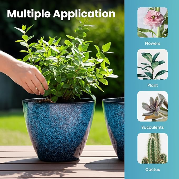 2 Pack Plastic Plant Pots with Drainage Holes, 8 inch Planter for Indoor Outdoor Plant, Garden Flower Pots for Aloe, Herbs, Cactus(Blue, 2pcs)