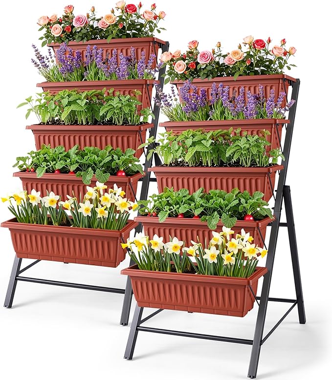 Homdox 2 Pack Vertical Garden Bed, 5 Tiers Vertical Raised Garden Planter, 23 * 26 * 45Inch Outdoor Garden Raised Bed with 4 Hooks, Vegetable Flower Planter Raised Stand for Garden Patio Yard, Brown