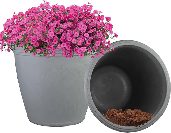 Sunnydaze 24-Inch Anjelica Large Plastic Pot for Plants - Outdoor Double-Walled Large Plastic Planter with Drillable Drainage Holes - Light Gray - 2pk