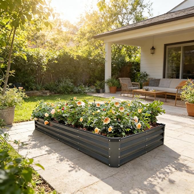 GARDMAX 8x4x1FT Galvanized Raised Garden Bed Kit, Metal Planter Boxes Outdoor with Easy Assembly, Large Garden Bed for Vegetables, Fruits, Flower, Herbs Rectangle Dark Gray