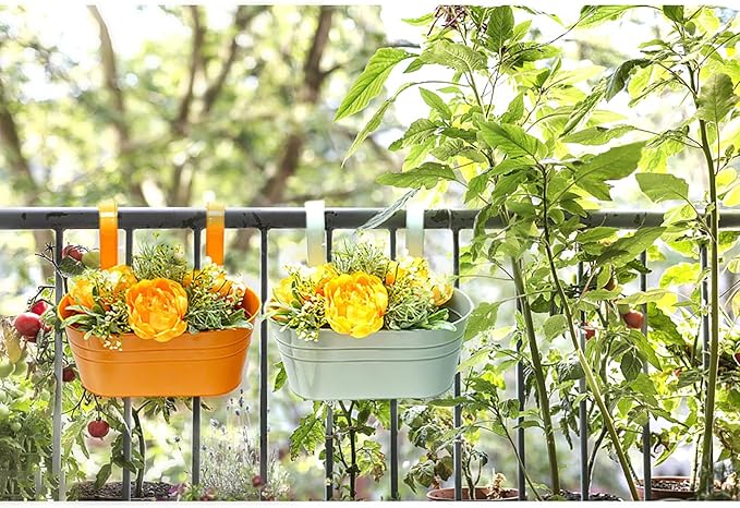 3 Pack Metal Railing Planters, 10.5" Oval Hanging Flower Pots with Detachable Hooks & Drainage Holes, Fits Rails up to 2.36", Galvanized Iron Fence Bucket for Balcony Garden Patio - Orange