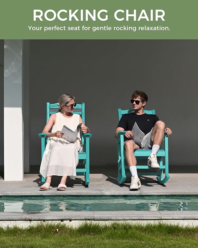 Oversized Outdoor Rocking Chair, High Back Porch Rocker Chair, HDPE All Weather Resistant Rocking Chairs for Patio, 380lbs Weight Capacity, Lake Blue
