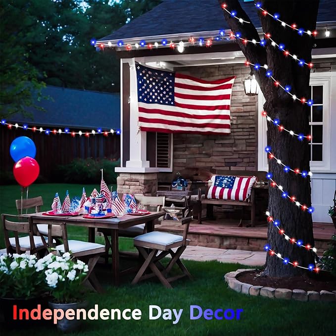 4th of July Decorations Red White and Blue Lights, 200 LED 66FT String Light Plug-in, 8 Modes 4th of July Lights for Indoor Outdoor Independence Day Memorial Day American Flag Patriotic Holiday Decor