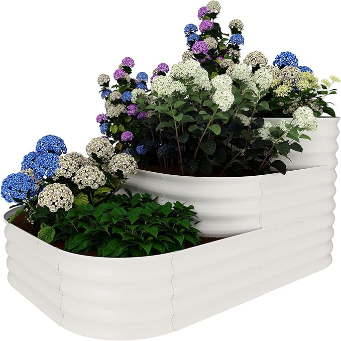 GarveeLife Galvanized Tiered Raised Garden Bed Kit with Open Base – 43x63x31.5 Oval Ground-Connected Planter for Vegetables, Herbs & Flowers (Modular 3 in-1Design),Beige