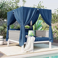 Merax Outdoor Patio Sunbed with Curtains and Soft Thick Cushions, Double Chaise Lounge Daybed with Rubber Core Rope Backrest and Comfy Pillows for Outside Pool, Garden, Backyard, Lawn, Blue