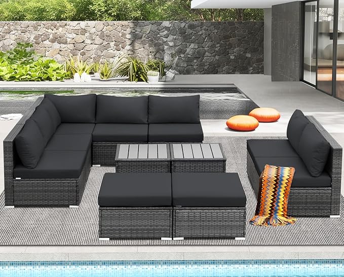 NICESOUL 11 Piece Extra Large Outdoor Furniture Sofa Set, Deep Wide PE Wicker Patio Modular Sectional with Side Tables, 29.3'' High Back Modern Luxury All-Weather Rattan Conversation for Outside, Gray