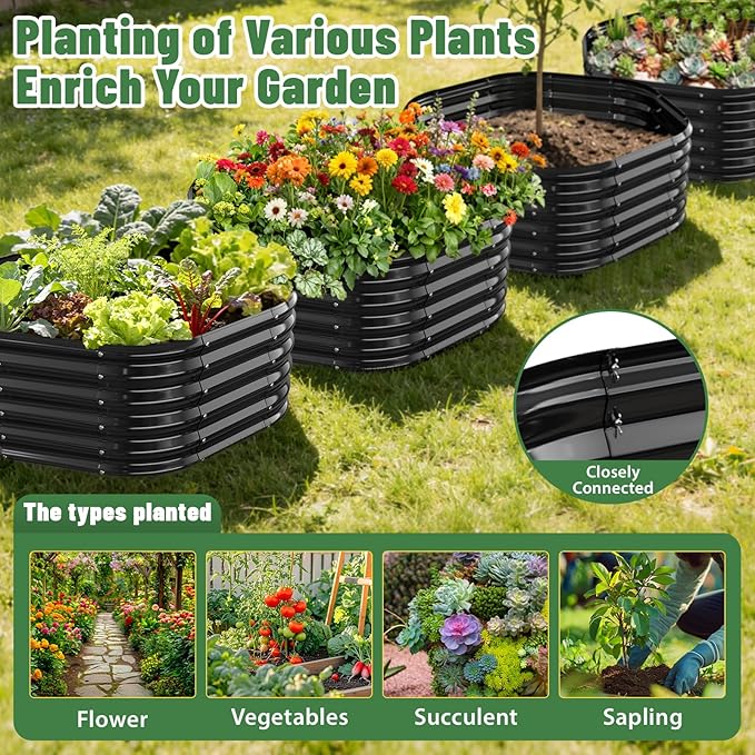 Hexagon Raised Garden Bed, 48 Inch Diagonal & 16.5 Inch Tall, Galvanized Steel Planter Box with Wave-Shaped Metal Panels for Outdoor Flower,Tree,Herb & Vegetable Garden (Black, 4FT X 1.5FT)
