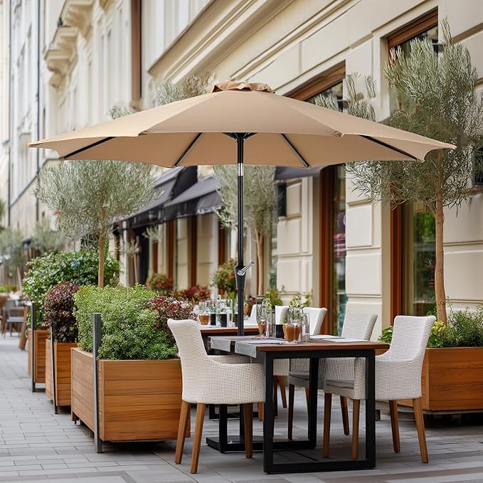 OLIXIS 9ft Patio Umbrella with Tilt and Crank Button & 8 Sturdy Ribs Waterproof, Patio Table Umbrella Perfect for Poolside, Terrace, Beach and Outdoor Restaurant, Khaki