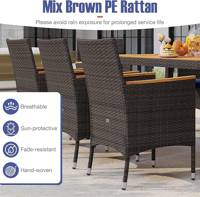 Tangkula 9 Pieces Rattan Outdoor Dining Set for 8, Outdoor Acacia Wood Table Set with 8 Cushioned Wicker Chairs, Umbrella Hole, Patio Dining Furniture Set for Deck Pool Backyard