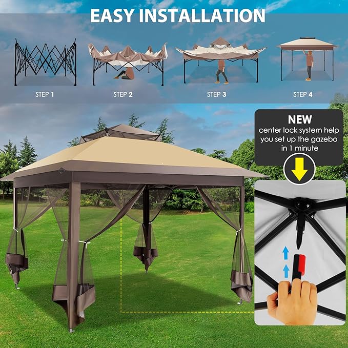 COBIZI 11x11 FT Pop up Gazebo Canopy Tent - Outdoor pop up gazebos on Clearance,carpas para Patio,Shelter - Screen Tents with Portable Carry Bag,Patio Gazebos for Camping,Garden,Deck,Backyard,Brown