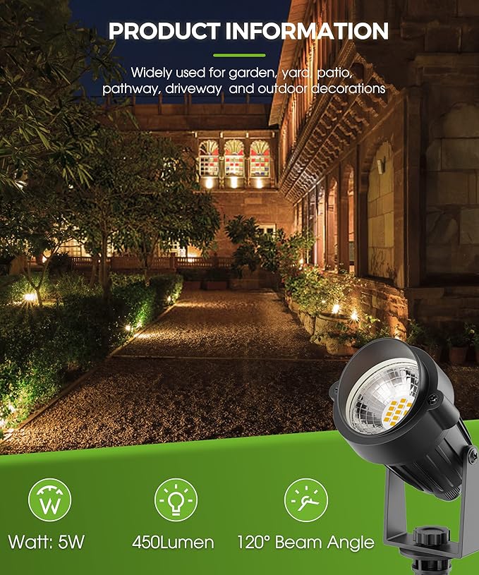 L LOHAS LED Outdoor Landscape Lighting, Auto On/Off 3000K Low Voltage Landscape Lighting, IP66 Waterproof Spot Lights for Yard, Outside, Garden, House, Pathway, Plant, Holiday Decor (8 Pack)