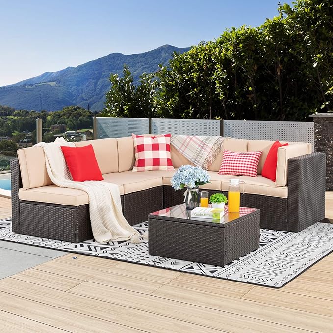 Vongrasig 6 Piece Patio Furniture Set, Small Outdoor Sectional Sofa Couch, All Weather PE Wicker L-Shaped Corner Patio Sofa Garden Backyard Patio Conversation Set w/Glass Table, Beige