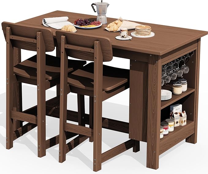 SERWALL 3-Piece Outdoor Counter Height Bar Set, HDPE Patio Bar Table with Wine Rack & Storage Shelf, 2 All-Weather Bar Stools, Patio Bar Dining Furniture Set for 3, Brown