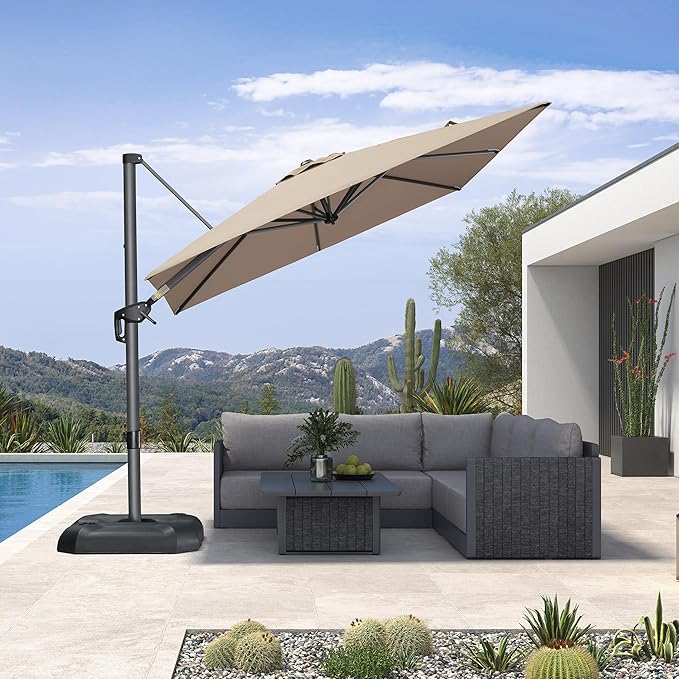 PURPLE LEAF 8 Feet Patio Umbrella Outdoor Cantilever Square Umbrella Aluminum Offset Umbrella with 360-degree Rotation for Garden Deck Pool Patio Taupe