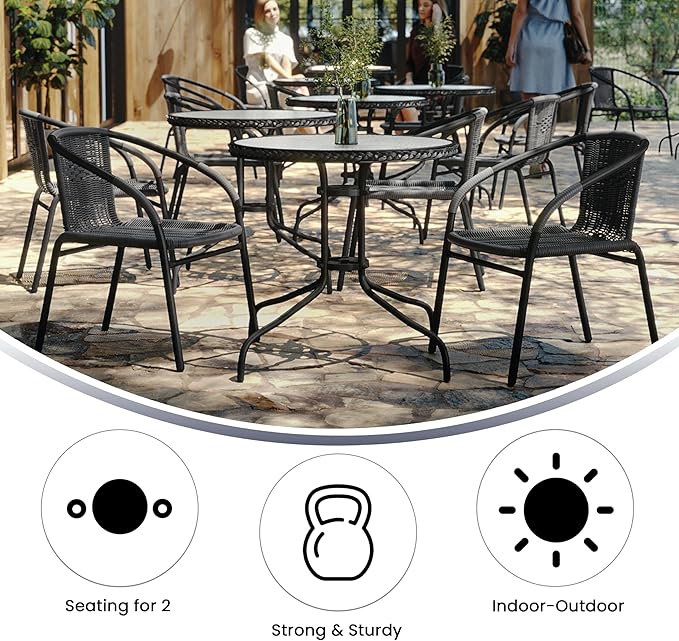 Flash Furniture 3-Piece Patio Dining Set with Round Glass Metal Table and 2 Stackable Rattan Chairs, Indoor/Outdoor Bistro Table and Chairs Set, Gray