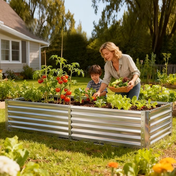 DUMOS Raised Garden Bed with Cover, 6x3x2ft Planter Box Outdoor for Deep-Rooted Herbs/Flowers/Vegetables, Large Metal Garden Bed Mini Greenhouse for Patio, Balcony and Backyard, Silver