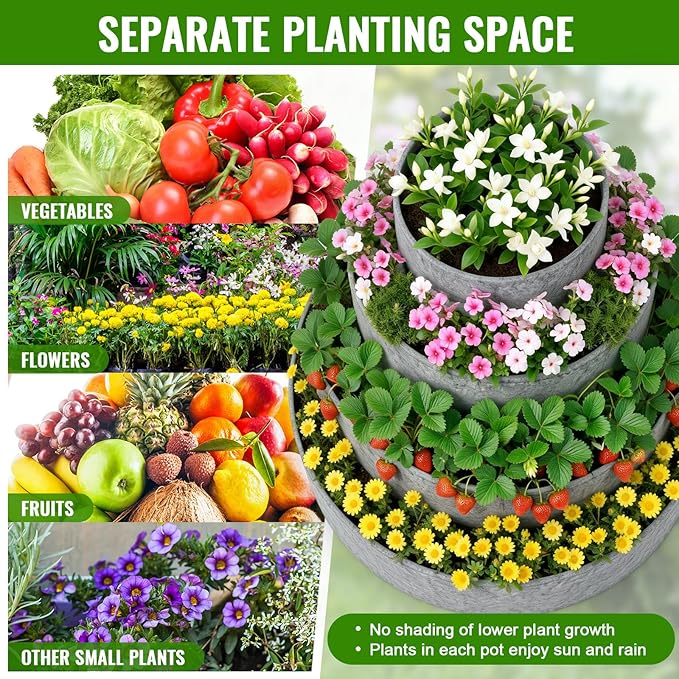 4 Pcs Plant Grow Bags 4 Tiered Strawberry Planter Tower Fabric Raised Garden Beds, 39 Inch Nonwoven Strawberry Pyramid Planter for Vegetables Flower Herbs Gardening Outdoor Growing (Gray)