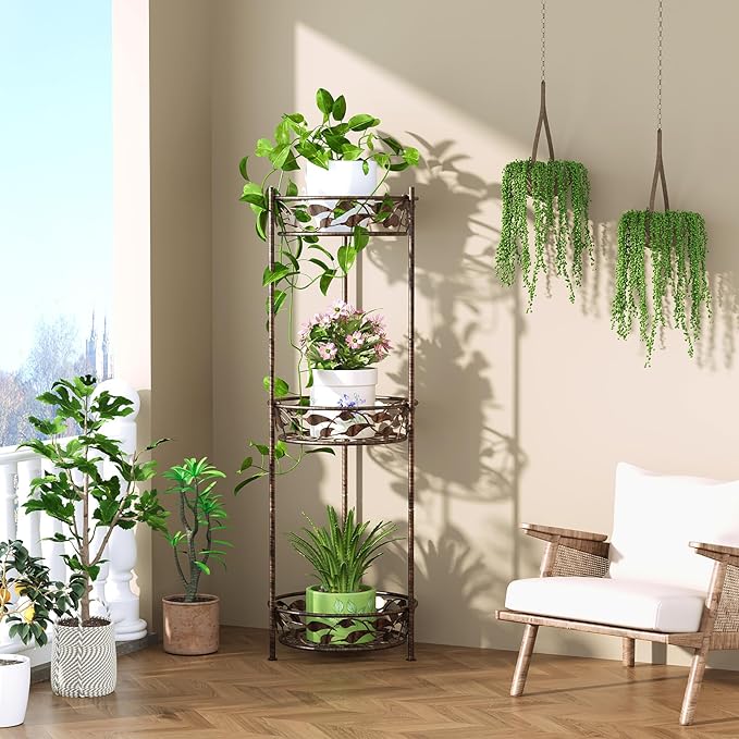 Plant Stand, Heavy Duty Metal Plant Stand Indoor Outdoor, Tall 3 Tiers Plant Shelf for Multiple Plants Pots, Flower Pot Stand for Home, Patio & Garden, Brushed Copper