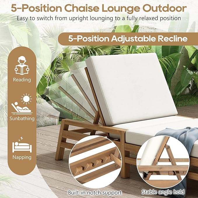 LUMISOL Outdoor Chaise Lounge Chairs Set of 2, Solid Wood Patio 5-Position Adjustable Recliner Chair with Thick Cushions, Weather-Resistant for Pool, Balcony, Garden, Light Teak