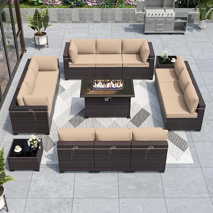 ALAULM Patio Furniture Set with Fire Pit Table 55000 BTU, Outdoor Sectional with Wide Seat and Thick Cushion, 15 Piece Wicker Rattan Conversation Set with Coffee Table for Garden, Deck, Sand